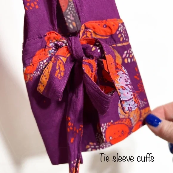 Free People Tropical Floral Print Faux Wrap Tie Sleeve Purple Peplum Blouse - Picture 5 of 15